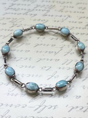 Vintage Reversible 925 Sterling Silver Bracelet - Natural Larimar & Amber